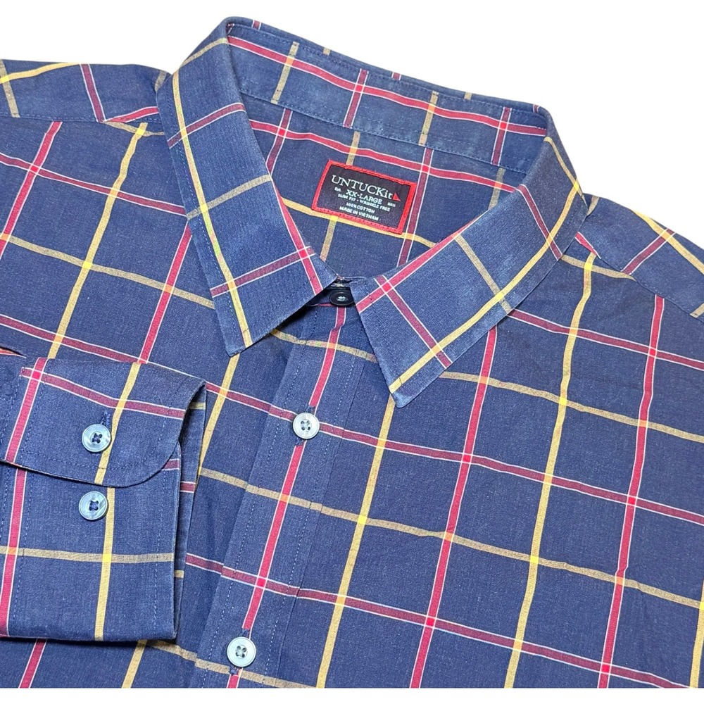 UNTUCKit Georgio Navy Plaid Wrinkle Free‎ Slim Fit Shirt Mens XXL Long Sleeve